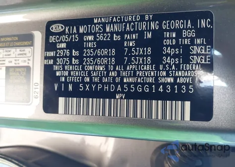 2016 Kia Sorento 3.3L Ex z USA, uszkodzony, nr VIN 5XYPHDA55GG143135